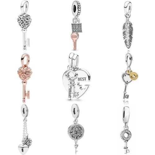 Original Openwork Love Heart Key Pattern Lock And Heart Chained Pendant Fit Europe Bracelet 925 Sterling Silver Charm Jewelry