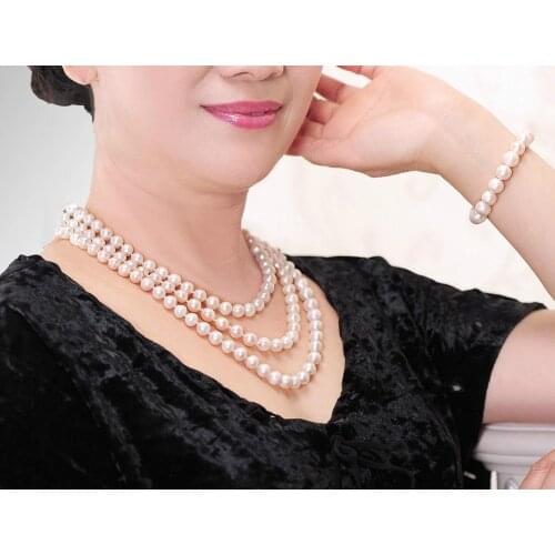 Long Necklace women Classical 6-7 7-8mm Natural natural White Round Freshwater Pearl Necklace bracelet Costume Jewelry