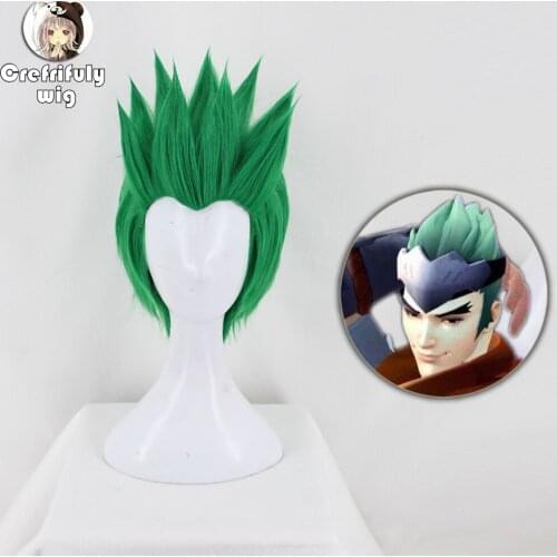 Anime Overwatch Genji OW Short Green Cosplay Costume Wig Slicked-back Heat Resistant Synthetic Hair + Free Wig Cap