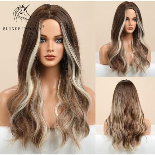 Blonde Unicorn Long Synthetic Wig Brown with Highlight Middle Part Hair Wig Natural Wavy Heat Resistant Synthetic Wigs for Women