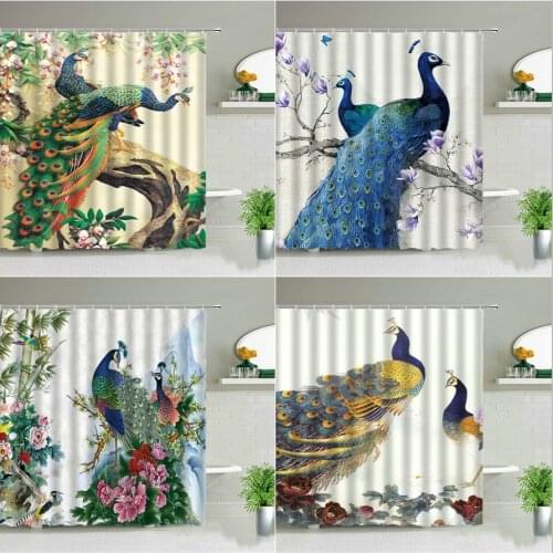 Peacocks Shower Curtains Colorful Birds Chinese Style Flowers Scenery Bathroom Decor Bathtub Screen Waterproof Fabric With Hooks