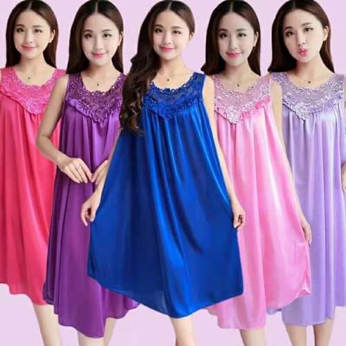 Summer Pajamas Female Ice Silk Sexy Lace Nightdress Simulation Silk Thin Middle Dress Women Plus Size Femme Korean Home Service