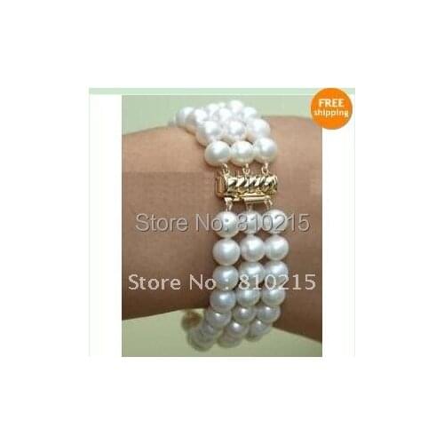 Stunning 3 Rows AAA 7-8MM Round Shaper White Color Genuine Freshwater Pearls Bracelet Fashion Pearl Jewelry New Free Shipping