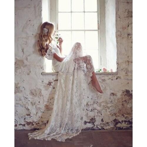 Sexy Beach Wedding Dresses Lace Bridal Gowns With Bow White Ivory Custom Made Elegant Beaded Cap Sleeve vestidos de noiva