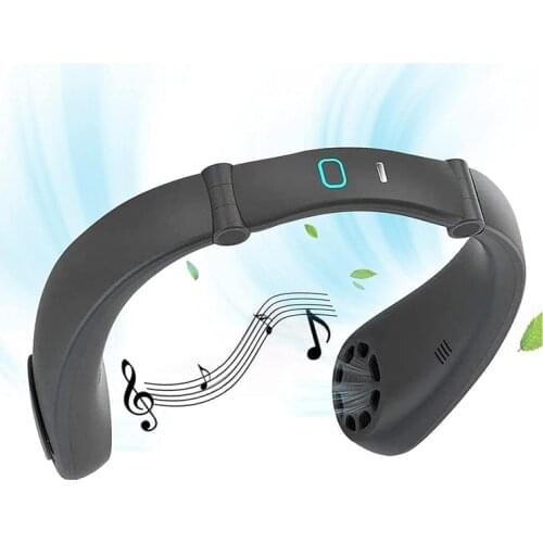 Neck Hanging Fan Bluetooth Speaker All-In-One Machine USB Charging Player Sport Music Fan,Headphone Design(Black)