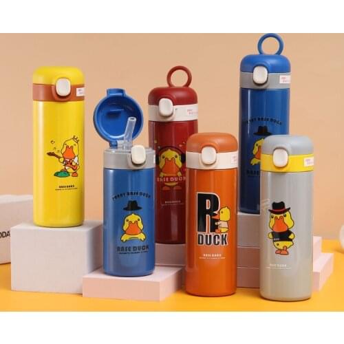 300mL/400ml Cute Little Yellow Duck Thermos Mug with Lifting Ring Bounce Cover 304 Stainless Steel Thermos Children Water Bottle