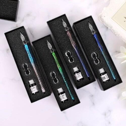 Gradient Starry Sky Glass Fountain Dip Pen Holder Signature Ink Set Calligraphy Writing Stationery Office School Gift Box
