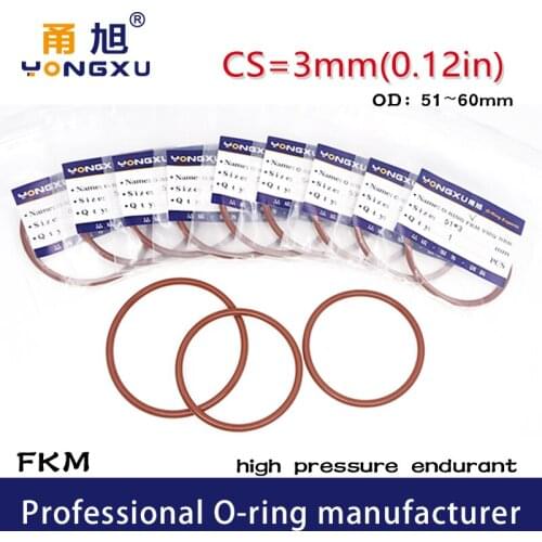 2PCS/lot Brown FKM Rubber fluororubber O-rings Seals CS3mm OD51/52/53/54/55/56/57/58/60*3mm O Ring Seal Gasket Oil Rings Washer