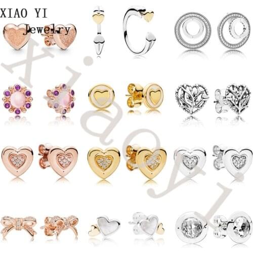 XIAOYI 2020 new 100% s925 frosted heart bow inlaid with tree rose gold sweet small earrings fashion gift female
