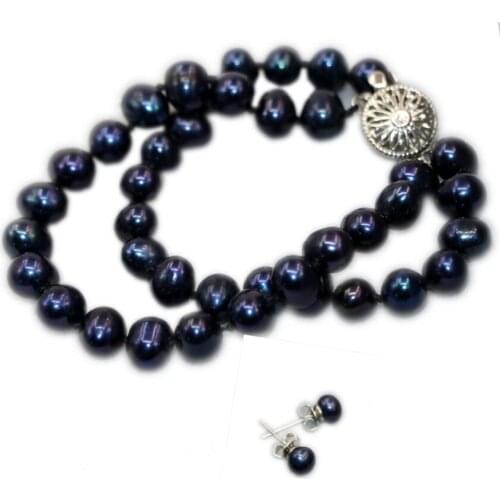 Real Natural Freshwater Pearl Beads Jewelry Set Trendy 7-8mm Black 2 Rows Bracelet Earrings For Women Wedding Gift 7.5inch B3024