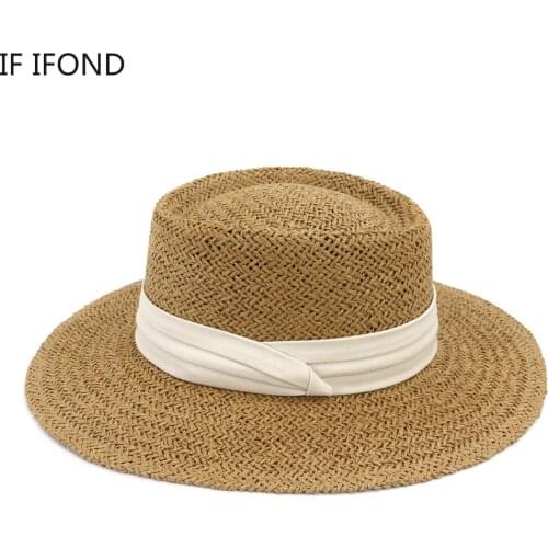 Casual Handmade Paper Straw Beach Hat For Women Summer Holiday Panama Cap British Style Flat Top Sun Protection Visor Hat