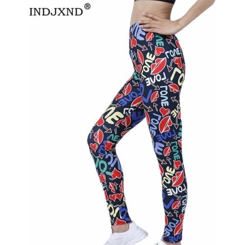 INDJXND Women Fitness Legging Gym Wear Workout Running Activewear Yoga Pants Hip Push Up Colorful Love Letters Elastic Clothing