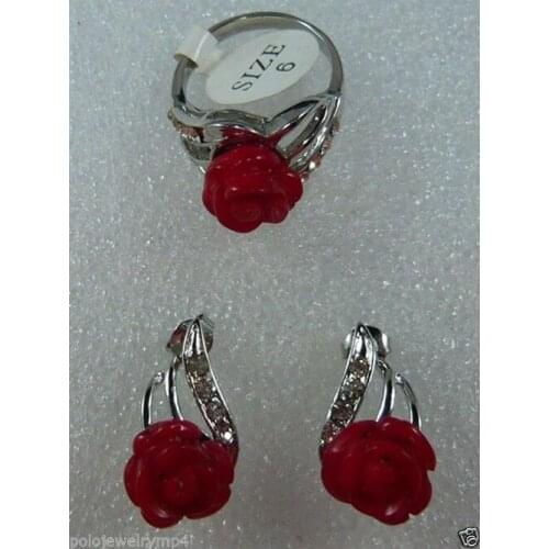 High-quality for women new-jewelry Heart Red coral gem Flower Stud Earring Ring Set AAA style 100% Natural gem Noble Fine