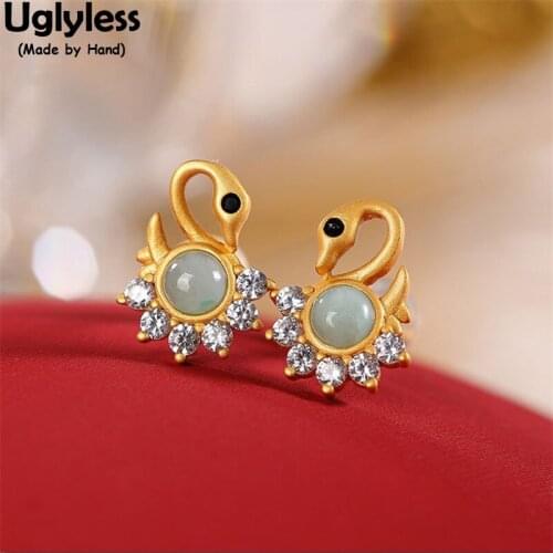 Uglyless Lady Swan Earrings Women Emerald Dresses Earrings Animals Swans Studs Earrings Gold Brincos 925 Silver Creative Jewelry