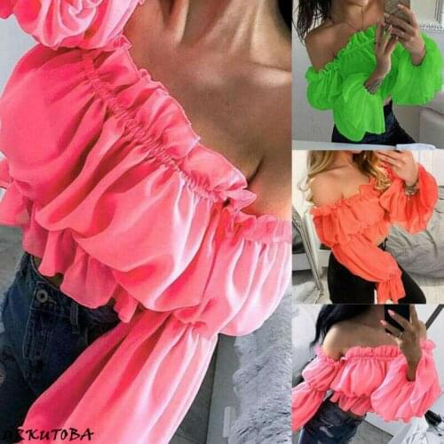 New Fashion Womens Chiffon Long Puff Sleeve Off Shoulder Crop Tops Loose Casual Lady Sexy Hot Sale Corp Top Shirts