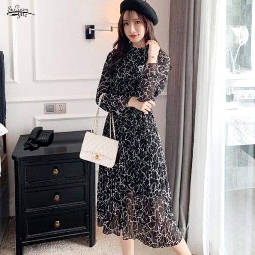 2020 Print A-Line Office Lady Elegant Dress Fashion Spring Black Vintage Clothes Long Sleeved Black Pleated Dress 8702 50