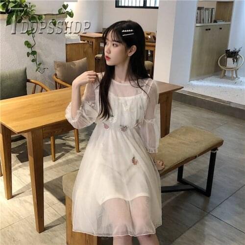 2019 Sweet Flower Decor Women Dress Three Quarter Sleeve Pleated Female Dresses