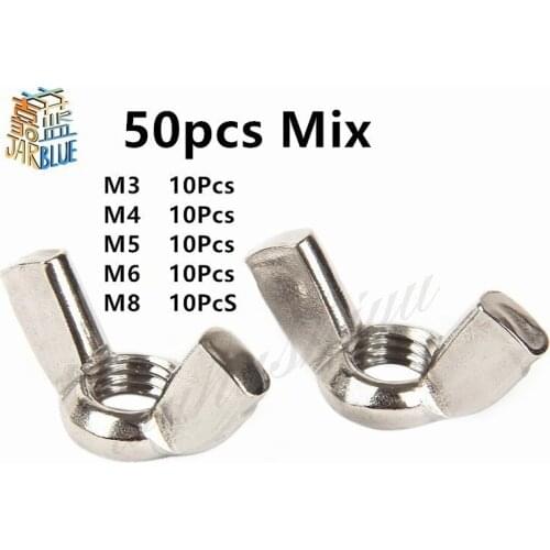 50pcs/set M3 M4 M5 M6 M8 304 Stainless Steel Hand Tighten Nut Butterfly Nut Ingot Wing Nuts Assortment Kit