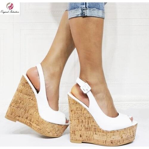 High Platform Wedge Women Sandals Fashion Peep Toe Wood Grain Bottom Patent Leather High Heels Ladies Pumps White Fuchsia Golded