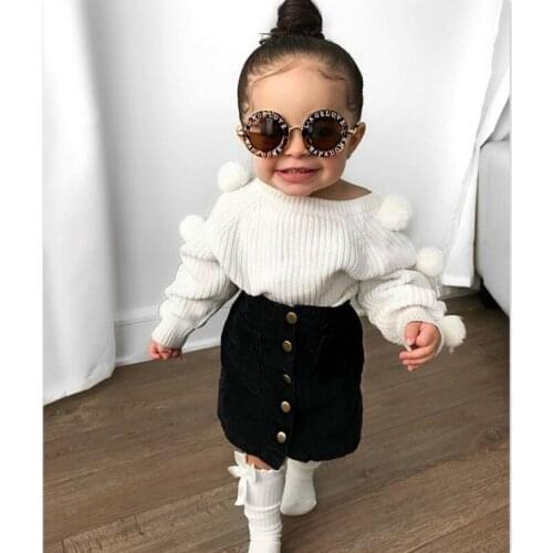 1-7Years Kids Baby Girls Hairball Knit Tops Shirts Button High Waist Mini Skirts Autumn Winter Dress Girls Children Clothes Set