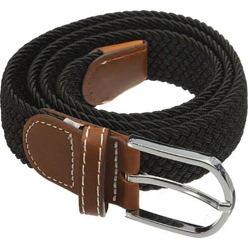 Unisex Men Women Stretch Braided Elastic Leather Buckle Belt Waistband black