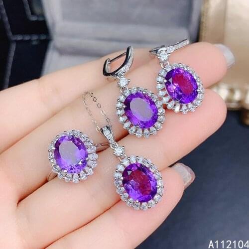 KJJEAXCMY fine jewelry 925 sterling silver inlaid natural Amethyst women vintage elegant gem earrings ring pendant suit support