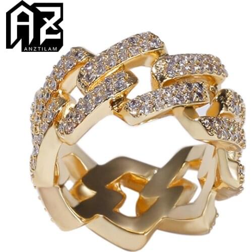 AZ 14mm Hip Hop Square Cuban Link Iced Out Rings Jewerly Full Cubic Zirconia Cuba Chain Micro Pave Charm Gift Ring For Men Women
