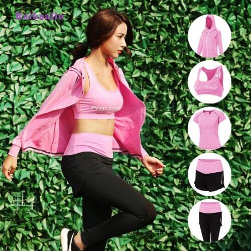 Raibaallu Yoga Set Sportsuit women vogue Hooded tracksuit sweat Pant Suit 5 piece clothing set sport suit women Running Gym