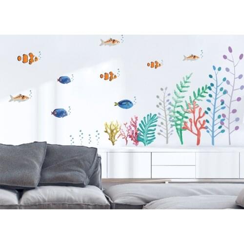 Seabed coral Shoal of fish 3D Wall Stickers Decorative Sticker Home Decor Kitchen Window Living Room Decor art Decals