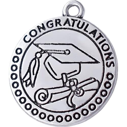 Eco Friendly Congratulations Graduate Diploma Doctoral Bachelor Cap Engraved Round Charms & Pendant For School Anniversary Gifts