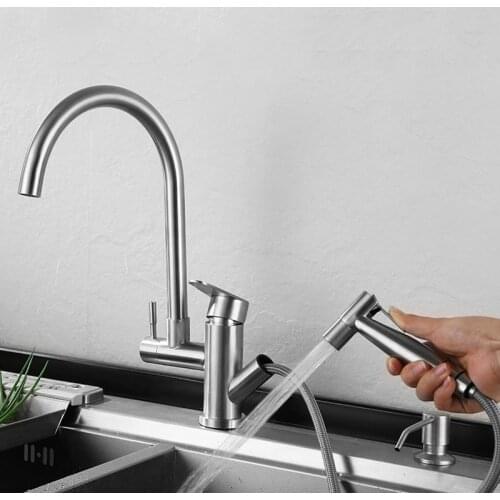 Kitchen Faucet Pull Out Spray Head Stainless Steel Swivel Spout Vanity Sink Tap Deck Mounted Hot Cold Water Mixer Tap Spray Gun
