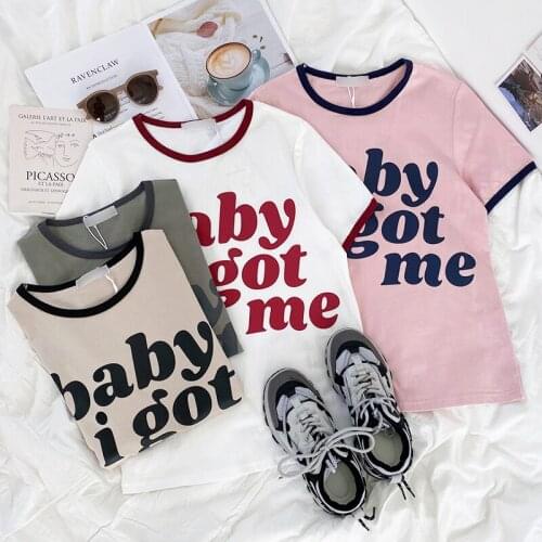 Retro hit color edge letter print summer slim fit all-match T-shirt