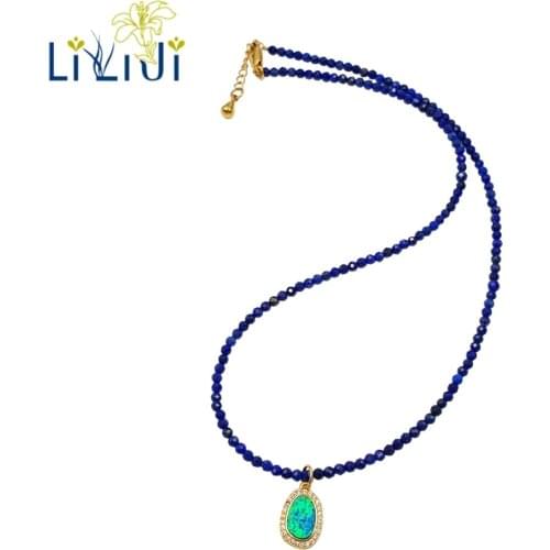 LiiJi Unique New Fashion Natural Stone Lapis Lazuli Lab-created Opal zircon Pendant Choker Tiny Shining Necklace Women Jewelry