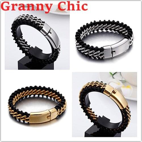 Granny Chic Fashion 8.66" 18MM Mens Braided Leather Bracelets Stainless Steel Charm Silver Gold color Bracelet Punk Accessories