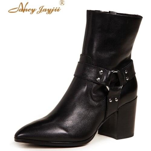 Black Winter Ladies Ankle Boots Pointed Toe Square Heel Short Plush Buckle Strap Zipper Shoes Woman Solid Brand Big Size 45 44