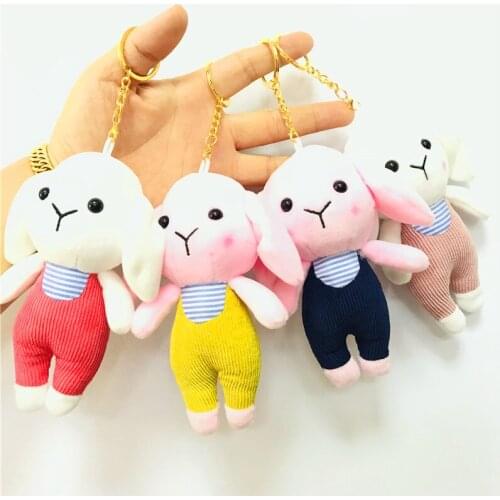New cute fevarite 14cm plush soft rabbit with Jumpsuits lovely pretty Bag decoration pendant Keychain kids funny christmase gift