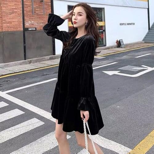 New Autumn Fashion Womens Dress Long Sleeve O-Neck Loose Velvet Dress Plue Size Solid Womens Dresses Vestidos M-4XL 5XL 6XL