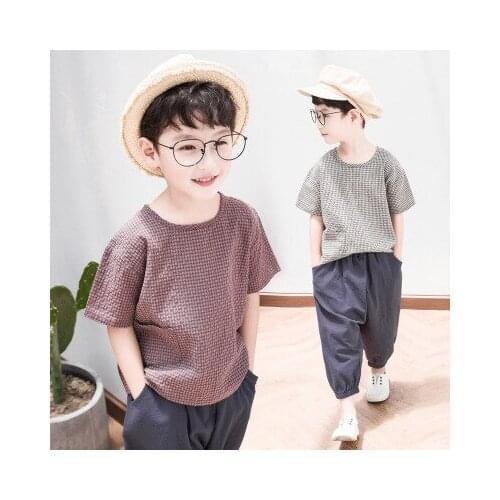 4-11 years childrens boy solid color cotton and linen suit new childrens summer boy handsome baby casual tide two-piece suit