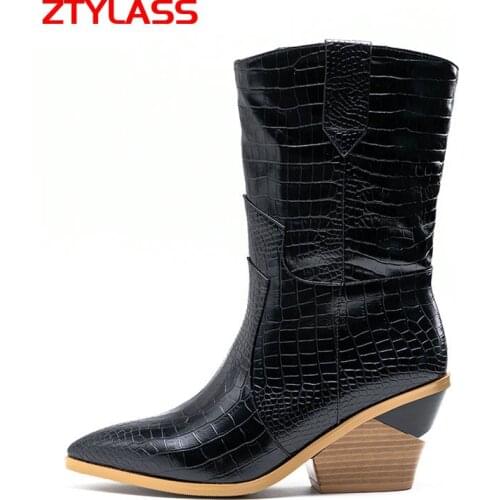 Autumn Fashion Women Boots Pu Leather Wedges Ankle Boots Winter Western Cowboy Boots Pointed Toe High Heel Woman Boots Shoes