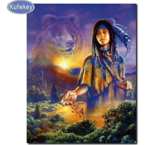 Full round Diamond Embroidery Indian Woman and bear Diy diamond Painting Cross Stitch Decorative Picture of Rhinestone Mosaic 3d