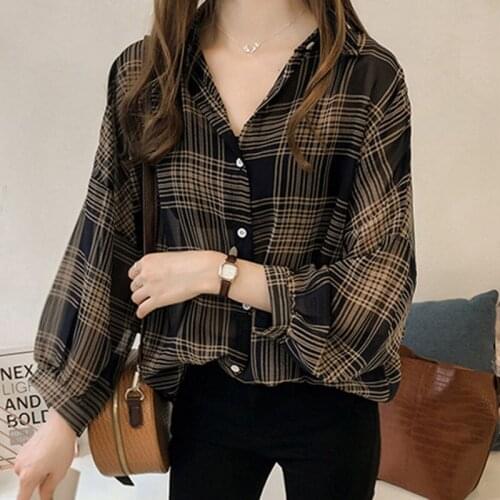 Shirts 2018 New brand Womens Long Sleeve Casual Plaid OL Shirts Loose Ladies Button V-neck Tops Blouse