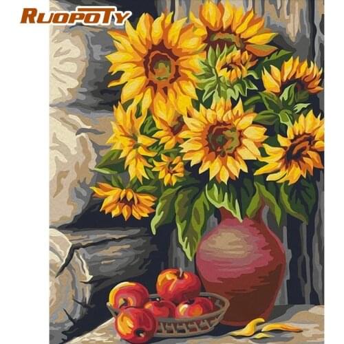 RUOPOTY Sunflower In Vase Oil Paint By Numbers For Adults Unique Gift Home Decoration 60x75cm Acrylic Drawing Canvas Wall Craft