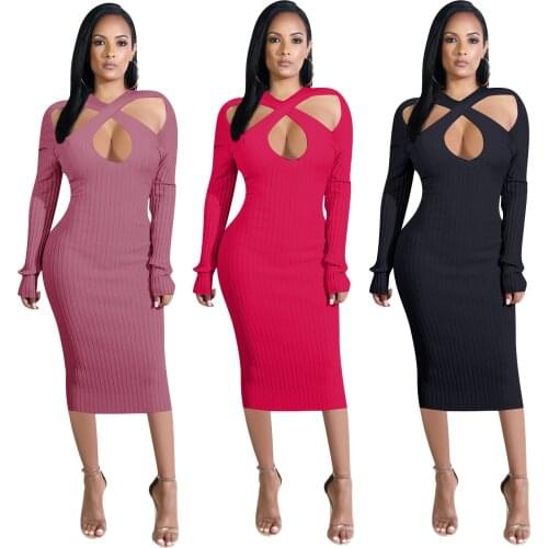 Long Sleeve Sexy Cut Out Dress Elegant Party Club Streetwear Stripped Fabric Womens Fall Winter Clothings Solid Color Sundress