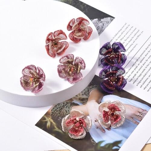 Ethnic Style DIY Copper Wire Braided Earrings for Women Girls Fashion Crystal Patchwork Flower Tassel Stud Earrings PartyJewelry