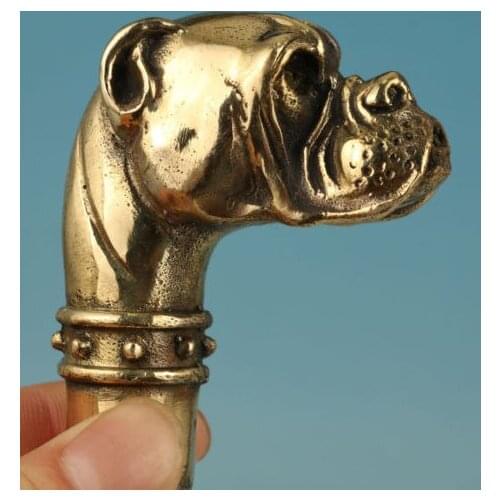 SHUN Copper Brass Grandpa Good Lucky Chinese Old Brass Handmade Carved dog Statue Cane Walking Stick Head