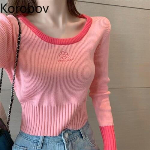 Korobov 2020 Autumn Winter Korean Rop Sweaters Hit Color Vintage Streetwear Sweater Preppy Style O Neck Long Sleeve Sueter Mujer