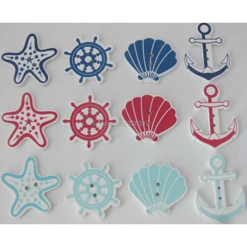 WBNVGN 100 pieces Multi shape decorative craft buttons wooden painting sailor button DIY handmade supplies