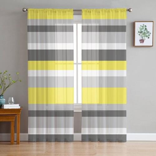 Yellow Gray White Stripes Geometric Voile Tulle Sheer Curtains for Bedroom Living Room Kitchen Decor Chiffon Windows Curtain