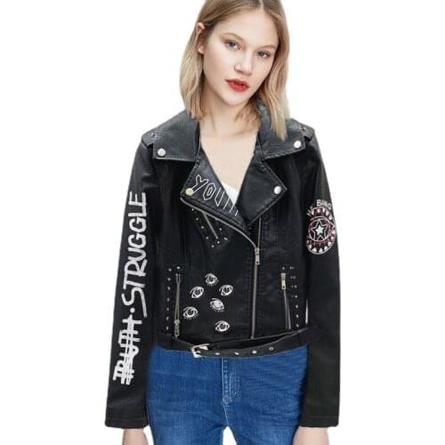 2021 New Graffiti Rivet Letters Locomotive Leather Jacket Fashion Women Short Jackets PU Leather Waterproof Cool Coat Dropship