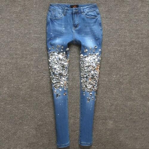 Womens Blue Jeans Women 2021 Boyfriend Denim Style Skinny Stretch Casual Pants Sequin Pattern Trousers Vintage Jeans